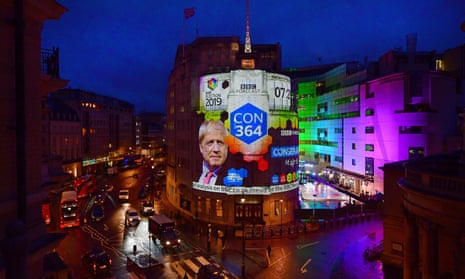 BBC live election coverage is projected onto the side of a building in Central London