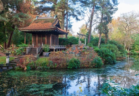 Shinto shrine and pond in the Japanese garden at Tatton Park near Knustford