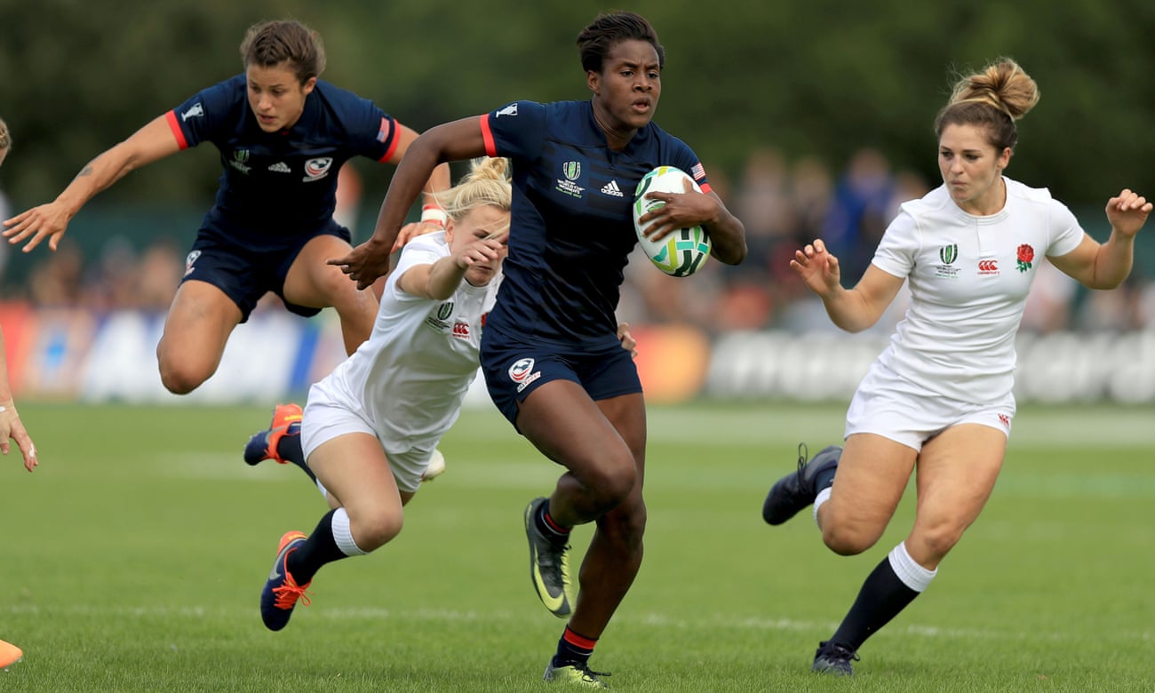 Naya Tapper scores a try against England at the 2017 Women's Rugby World Cup, in Dublin.