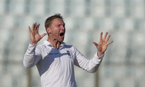 England’s Gareth Batty, who said his Test comeback was nerve-racking, celebrates the dismissal of Tamim Iqbal in Chittagong.
