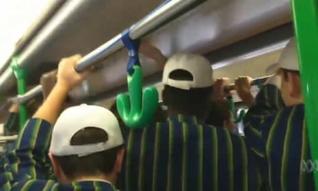 Screengrab from video purchased from the ABC. Students from St Kevin’s College, an elite private boys school, have been filmed singing a sexist chant on a Melbourne tram. A female passenger filmed the chant which included lyrics like: ‘I wish that all the ladies were holes in the road’. The students were wearing their school uniform.