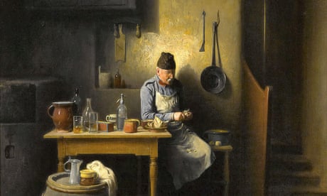 Uma pintura de um homem mais velho em uma mesa de cozinha