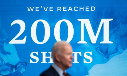 Biden announces the US has reached 200m vaccine shots, in Washington.