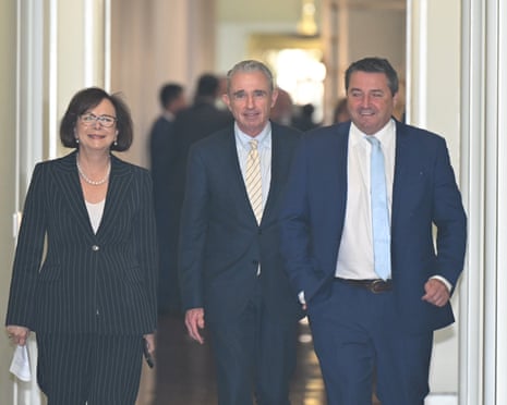s MPs Kevin Hogan (centre), Anne Webster and Pat Conaghan arrive for party leadership vote.