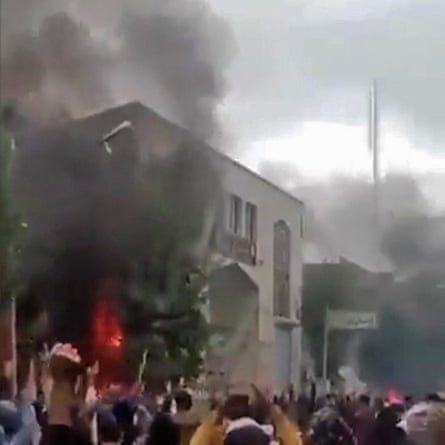 A grab from footage filmed in late October showing a fire burning at the office of the governor of Mahabad.