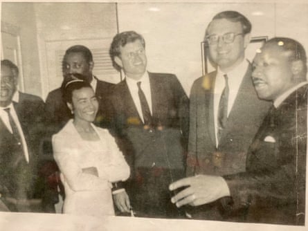 Clayton with Ted Kennedy (centre) and Martin Luther King Jr (right) in Jackson Mississippi, in 1966