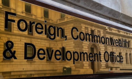 Brass nameplate outside the Foreign, Commonwealth and Development Office in Westminster, London.