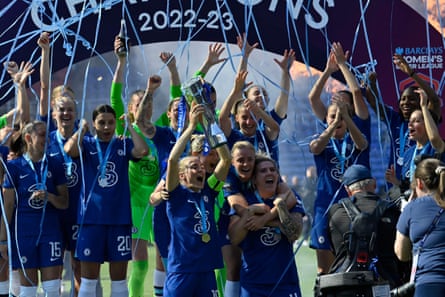 Chelsea celebrate in May after winning the WSL title for a fourth successive season.