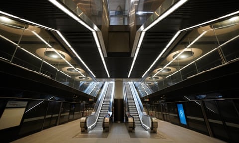 Escalators to the new Elizabeth line platforms at Paddington station.