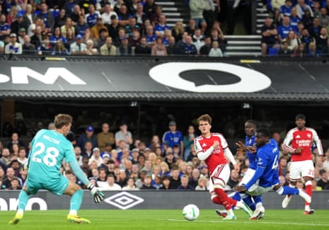 Arsenal's Max Dowman (right) scores their side's third goal of the game.