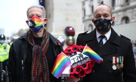 Royal Air Force veteran David Bonney (r) and human rights campaigner Peter Tatchell lay a rainbow wreath at the Cenotaph in Whitehall London after the Remembrance Sunday service last November.
