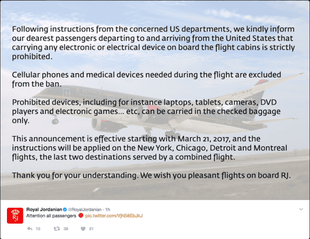 Royal Jordanian airways notifies its passengers that they will not be allowed to have tablet computers, laptops or game consoles on flights to and from the US