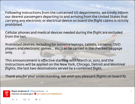 Royal Jordanian airways notifies its passengers that they will not be allowed to have tablet computers, laptops or game consoles on flights to and from the US