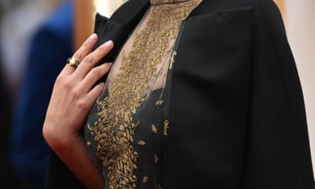 A closeup of Portman’s embroidered Dior cape.