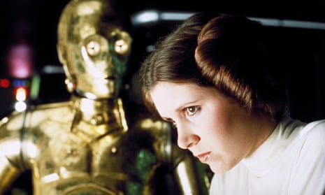 carrie fisher as princess leia with c-3po in star wars