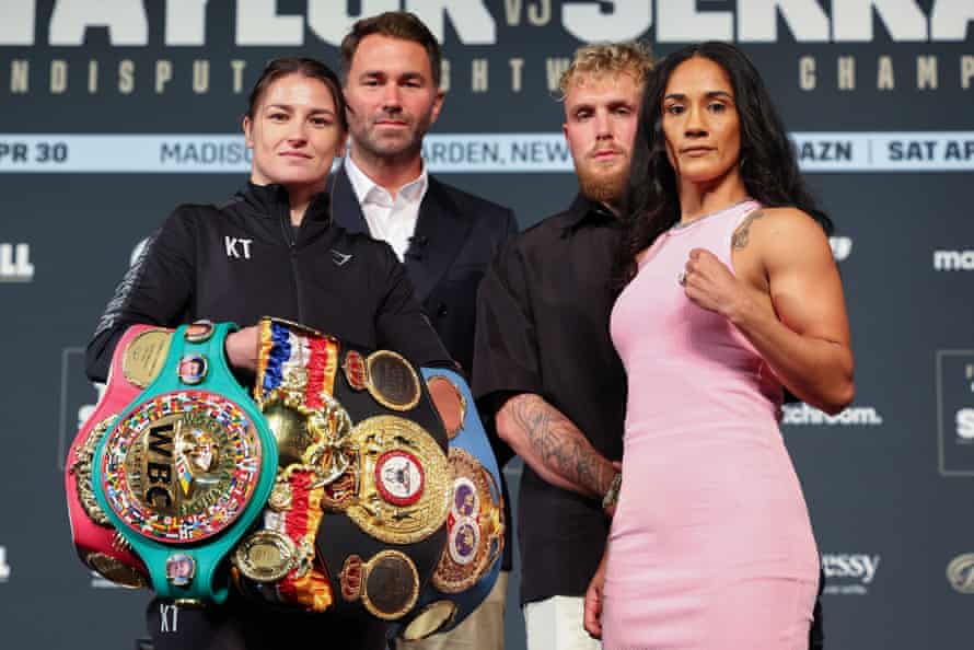 Katie Taylor and Amanda Serrano alongside promotors Eddie Hearn and Jake Ball at a press conference in New York earlier this week.