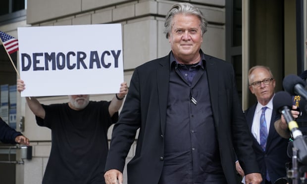 Steve Bannon leaves court after appearing on charges of contempt of Congress.
