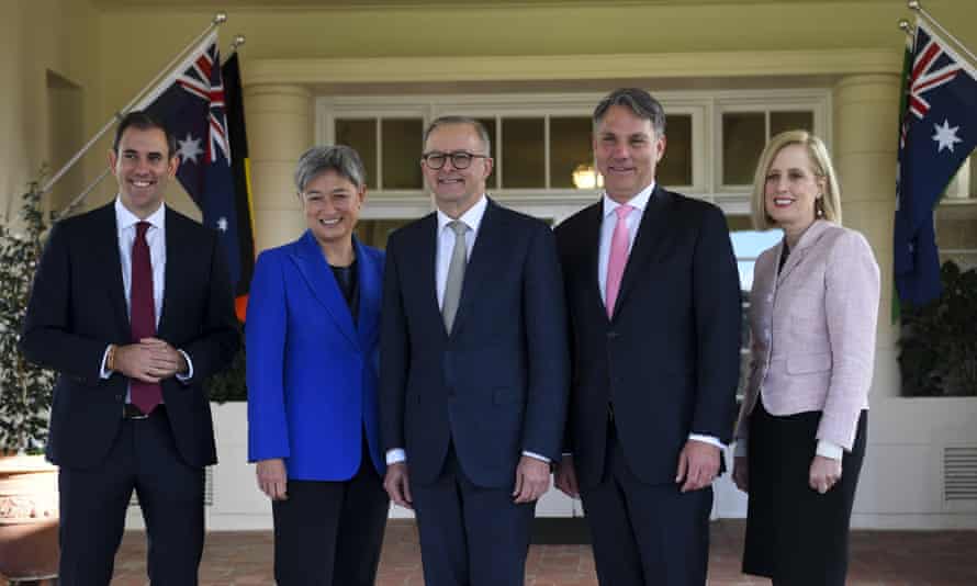 Prime minister Anthony Albanese with interim ministers Jim Chalmers, Penny Wong, Richard Marles and Katy Gallagher
