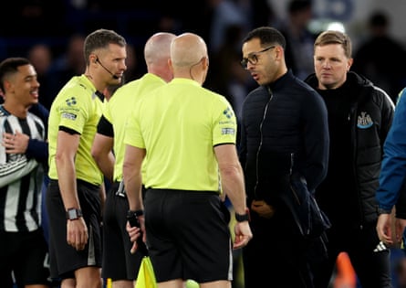 Liam Rosenior remonstrates with referee Paul Tierney after the 1-0 defeat by Newcastle.
