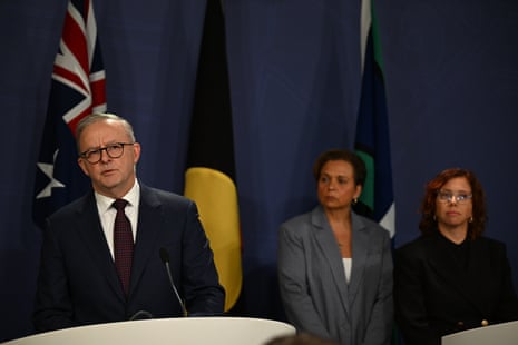 Australian prime minister Anthony Albanese speaks during a press conference with communications minister Michelle Rowland and social services minister Amanda Rishworth