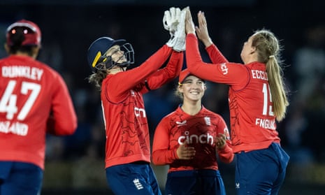 Sophie Ecclestone of England gets the wicket of Shafali Verma of India.
