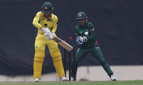 Phoebe Litchfield is bowled during game one of the Women's ODI series between Bangladesh and Australia.