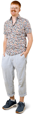 David, a red-headed man in floral shirt, stands with hands in his jeans pockets