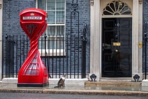 Larry the cat sits next to a twisted red phone box outside No 10 Downing Street as Keir Starmer hosts prominent British influencers