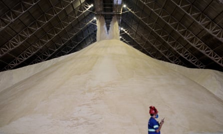 A man in a hard hat stands before a huge mound of sugar in a warehouse