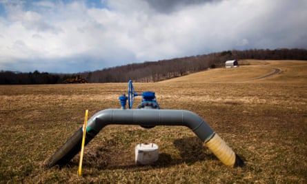 A gas pipeline juts from the landscape at a farm outside Dimock, Pennsylvania, in 2012. The state government is accused of rushing through permits for the Mariner East 2 pipeline in 2017.
