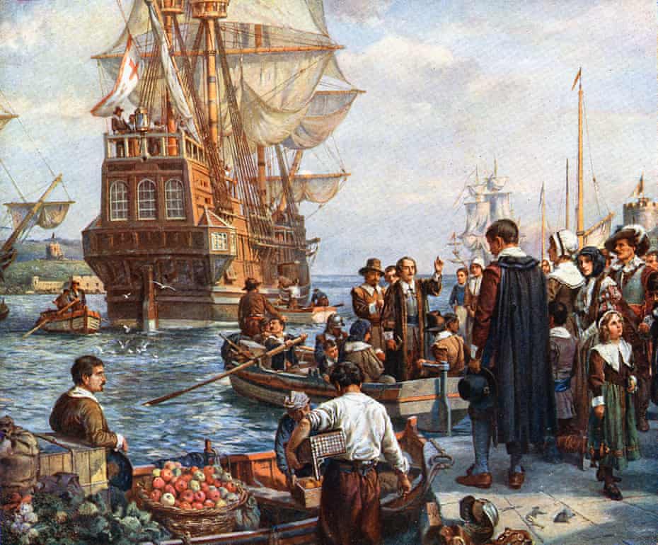 A painting by Bernard Gribble of the Pilgrim fathers boarding the Mayflower in 1620 for their voyage to America.