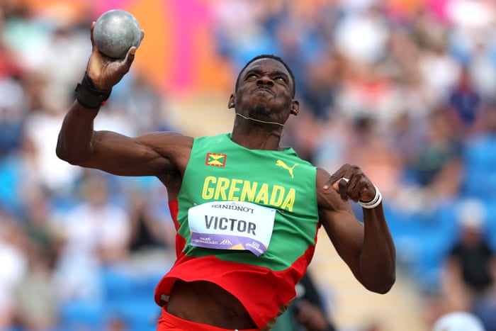 Lindon Victor finishes second in the decathlon shot.
