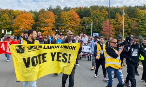 Amazon workers and supporters march during a rally in Castleton-On-Hudson, about 15 miles south of Albany, last week.