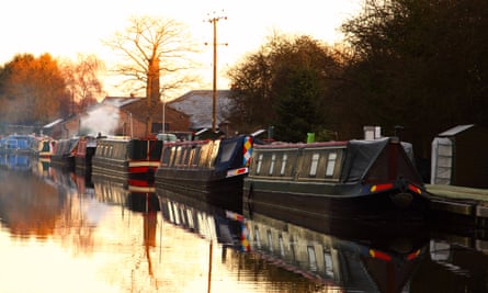 Barges at sunrise at Norbury Junction on the Shropshire Union Canal in Staffordshire.