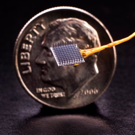 A BrainGate electrode array with a dime for size comparison.