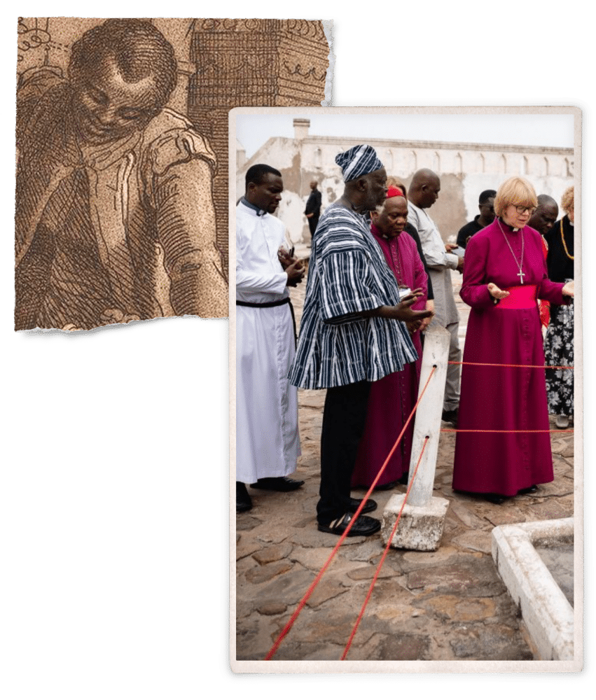Drawing of Ottobah Cugoano circa 1784 and a picture of Sarah Mullally at Cape Coast Castle