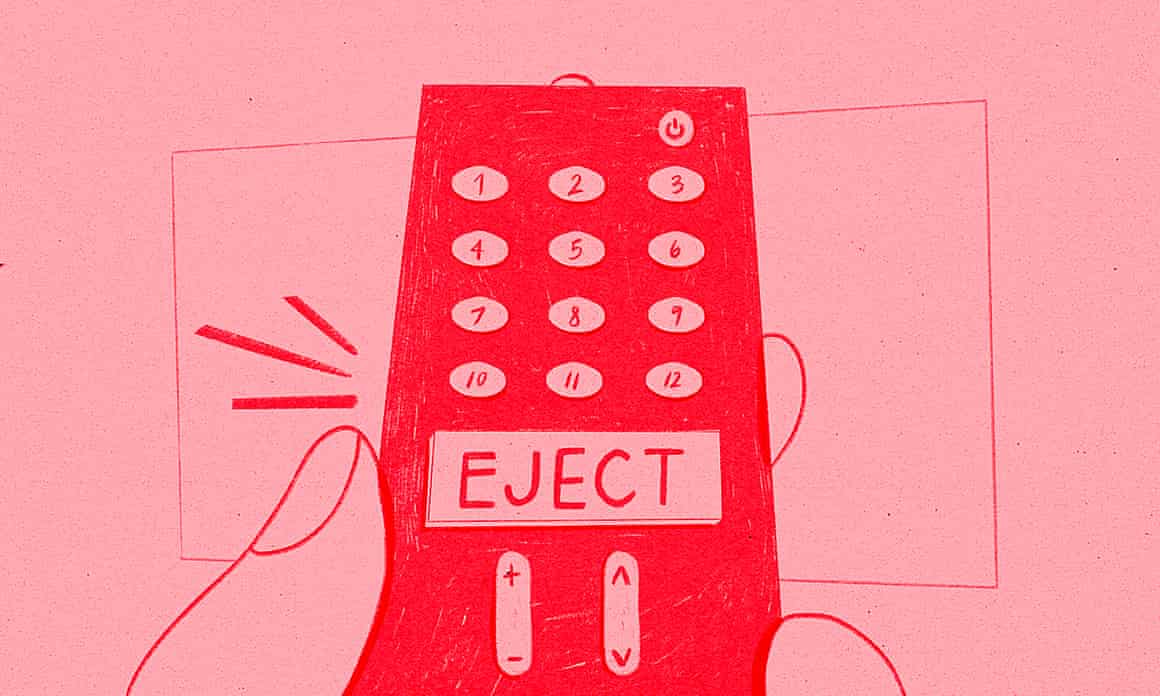 Illustration of a TV remote control with word ‘EJECT’ on a button