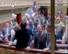 Australian politics live: Climate protester restrained after interrupting NSW parliament; Shoebridge calls AI committee a ‘farce’ after letter ‘vetted’ by PM’s staffer