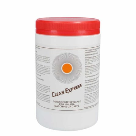 A white plastic jar of Clean Express cleaning powder with a red lid.
