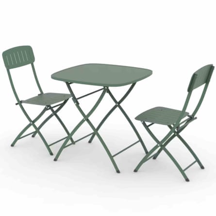 Folding sage green table and chairs. There is a square table with rounded edges and two matching chairs.