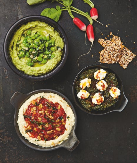 Yotam Ottolenghi’s top dips: avocado and broad bean; spinach with strained yoghurt and chilli butter; butterbean hummus with red pepper and walnut paste.
