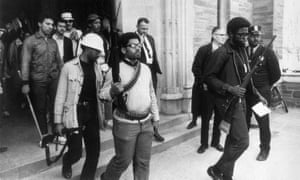 Heavily armed African American students leave Straight Hall during a protest at Cornell University... 46 years ago.