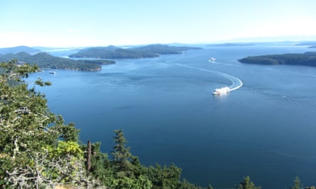 The view from top of Mount Galiano with ferry coming into Sturdies Bay