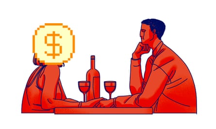 Illustration of a man looking at a woman with a dollar sign over her head.