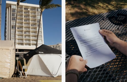 left: tents in front of a tall building. right: hands holding note