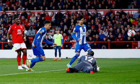 Brighton & Hove Albion’s Facundo Buonanotte scores their first goal against Nottingham Forest.