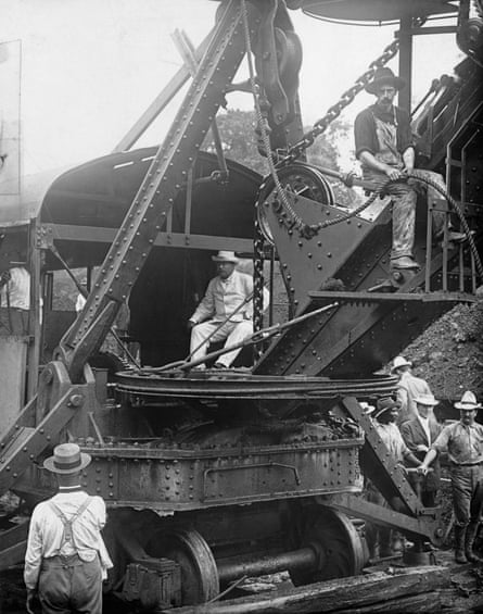 US president Theodore Roosevelt in a construction vehicle in the Canal Zone in 1906.