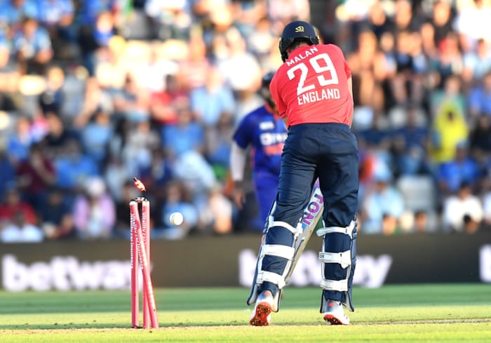 England’s Dawid Malan is bowled out by India’s Hardik Pandya.