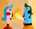 A cartoon man and woman have a conversation with each other