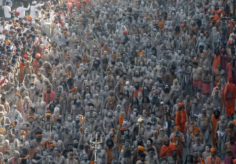 Naga Sadhus, or Hindu holy men participate in the procession for taking a dip in the Ganges River during Shahi Snan at Kumbh Mela, or the Pitcher Festival in Haridwar, 14 April